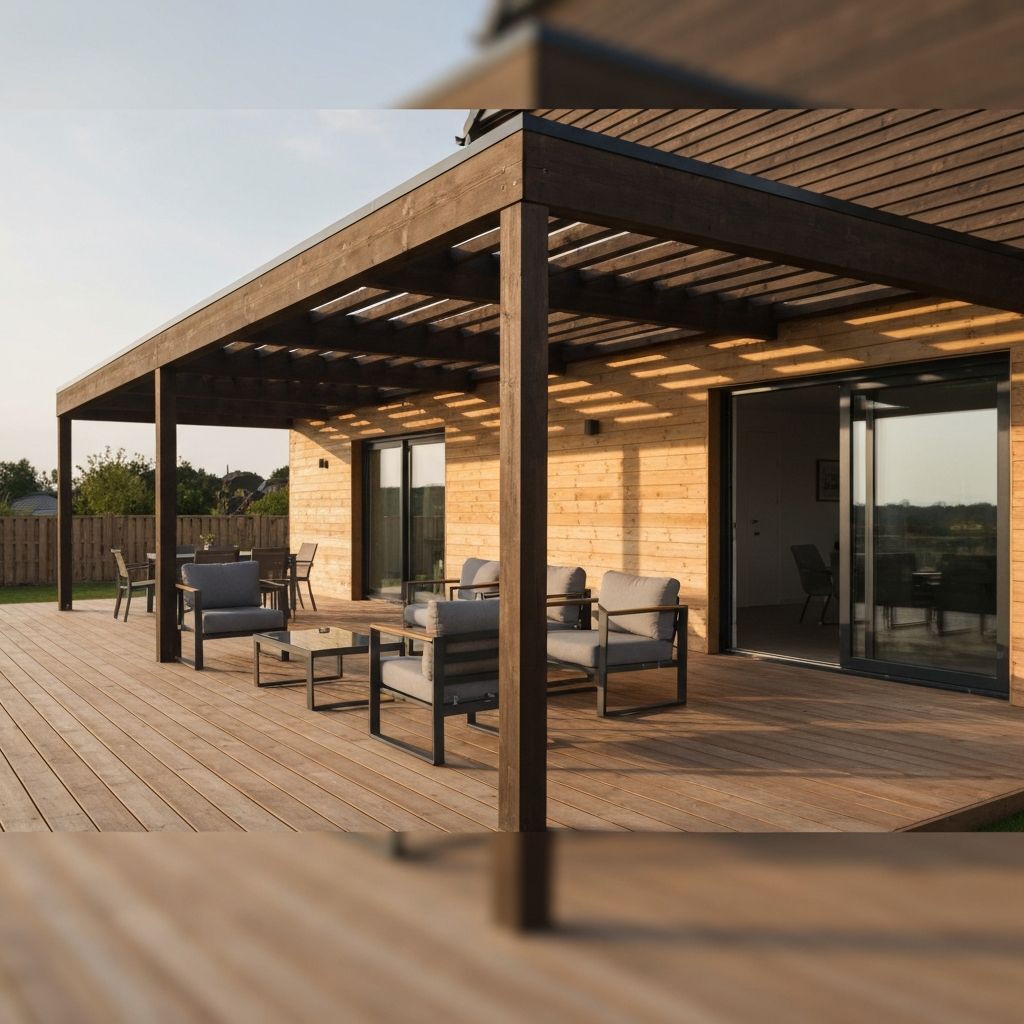 Traditional wooden deck with outdoor furniture